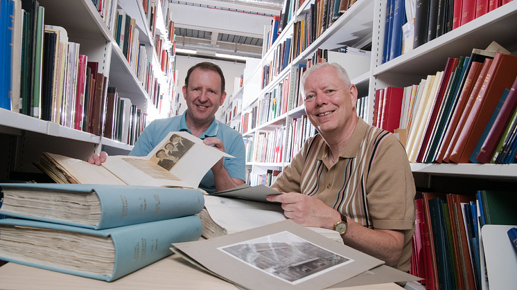 Bob Stanley (left) and Brian Ward, pictured in Newcastle City Library looking through archive material about the band The Shadows.