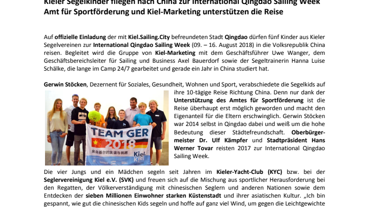 Kieler Segelkinder fahren nach China zur International Qingdao Sailing Week