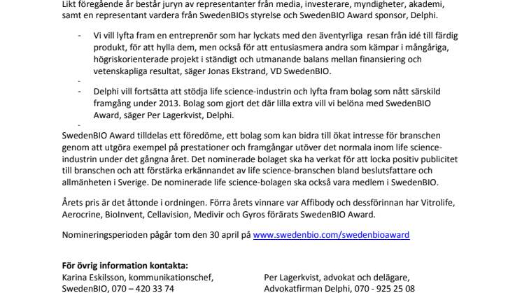 Dags att nominera till SwedenBIO Award 2014