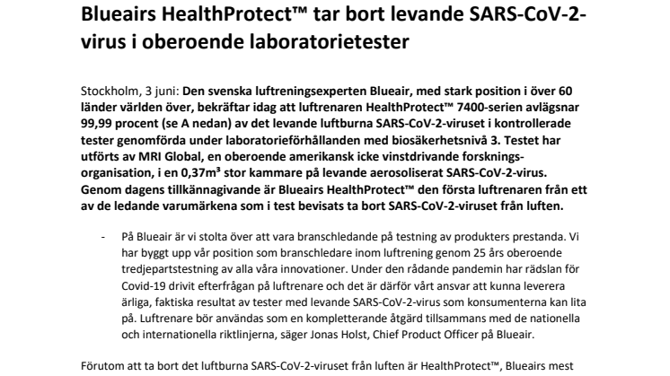 Blueairs HealthProtect™ tar bort levande SARS-CoV-2-virus i oberoende laboratorietester