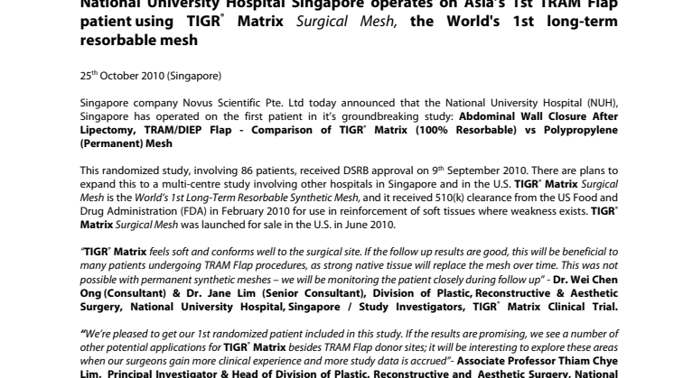 National University Hospital Singapore operates on Asia’s 1st TRAM Flap patient using TIGR® Matrix Surgical Mesh, the World's 1st long-term resorbable mesh