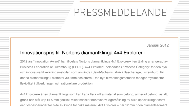 Innovationspris till Nortons diamantklinga 4x4 Explorer+