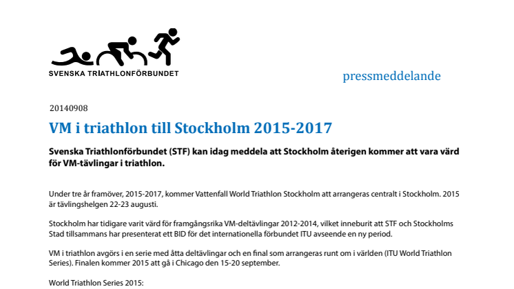 Stockholm värd för VM i Triathlon 2015-2017