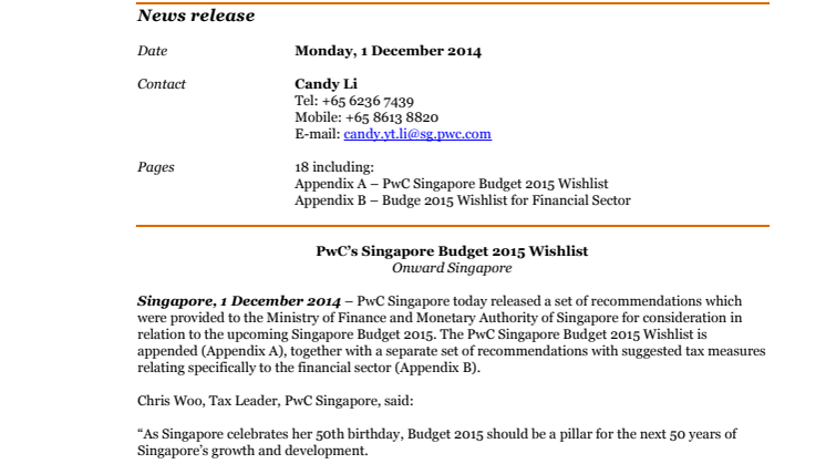 Onward Singapore: PwC’s Singapore Budget 2015 Wishlist