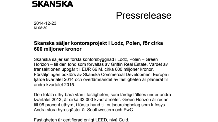 Skanska säljer kontorsprojekt i Lodz, Polen, för cirka 600 miljoner kronor