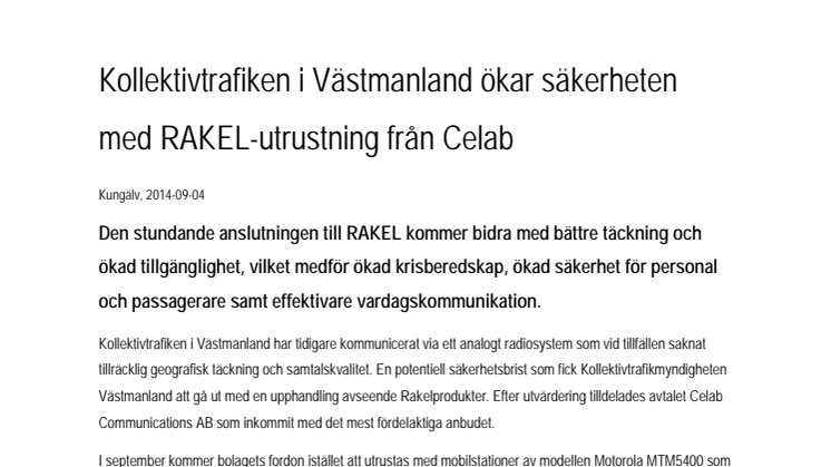 Kollektivtrafiken i Västmanland ökar säkerheten med RAKEL-utrustning från Celab