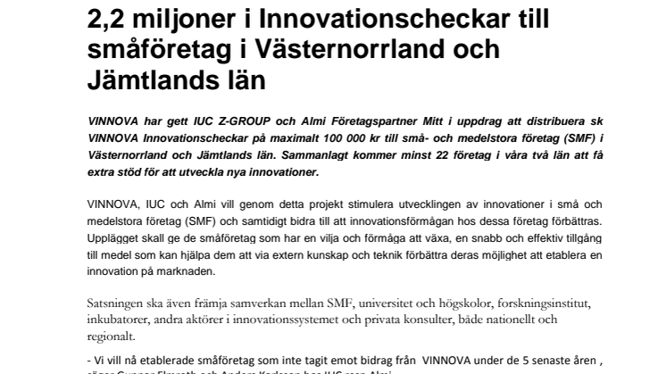 2,2 miljoner i Innovationscheckar till småföretag i Västernorrland och Jämtlands län