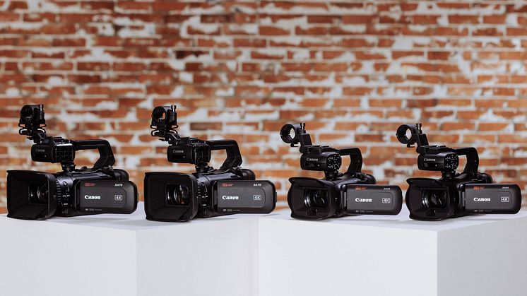 Fyra av Canons fem nya 4K-videokameror - XA60, XA65, XA70 och XA75.