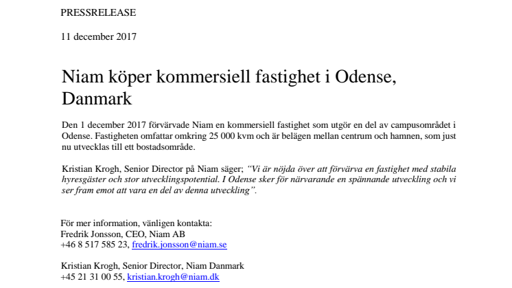 Niam köper kommersiell fastighet i Odense, Danmark
