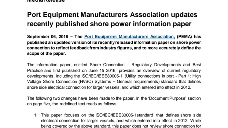 Port Equipment Manufacturers Association updates recently published shore power information paper