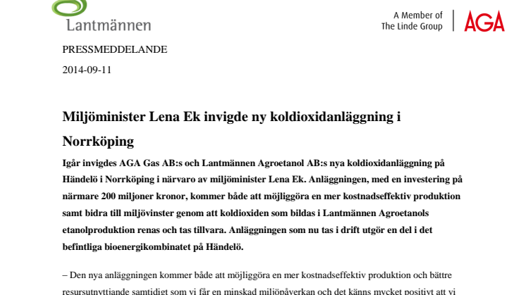 Miljöminister Lena Ek invigde ny koldioxidanläggning i Norrköping