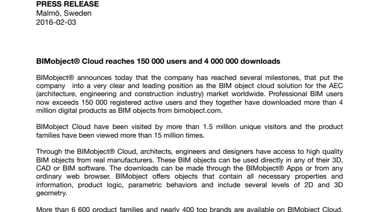 BIMobject® Cloud reaches 150 000 users and 4 000 000 downloads
