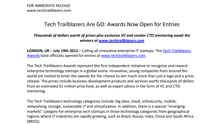 Tech Trailblazers Are GO: Awards Now Open for Entries: Calling all innovative enterprise IT startups
