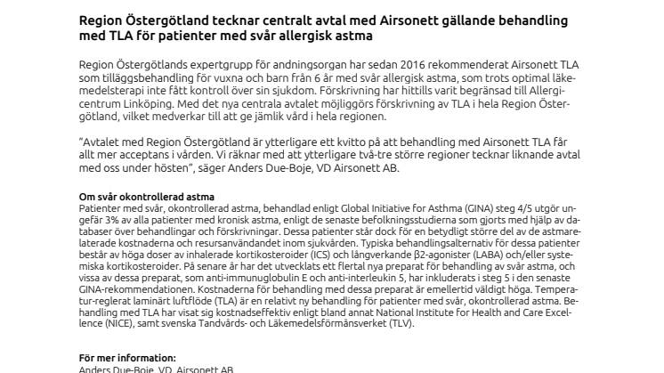 Region Östergötland tecknar centralt avtal med Airsonett gällande behandling med TLA för patienter med svår allergisk astma