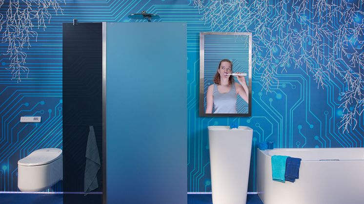 Alles läuft über und unter die Oberfläche: Pop up my Bathroom zeigt, wie homogen klassische Badprodukte und interaktive Flächen im Digital Bathroom miteinander verschmelzen. 