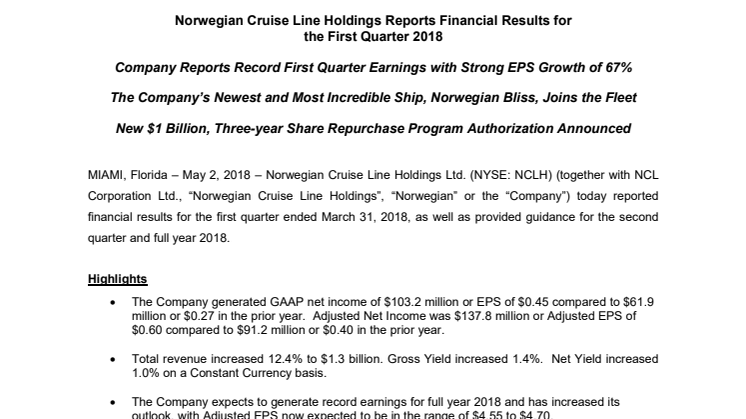 Norwegian Cruise Line Holdings Reports Financial Results for the First Quarter 2018
