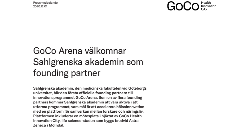 GoCo Arena välkomnar Sahlgrenska akademin som founding partner
