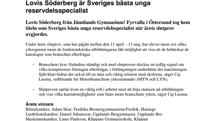Lovis Söderberg är Sveriges bästa unga reservdelsspecialist
