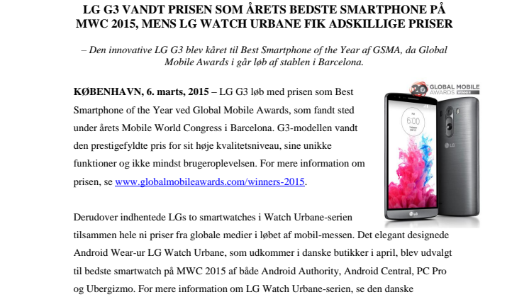 LG G3 VANDT PRISEN SOM ÅRETS BEDSTE SMARTPHONE PÅ MWC 2015, MENS LG WATCH URBANE FIK ADSKILLIGE PRISER