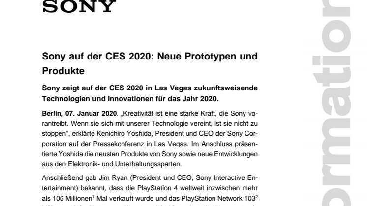 ​Sony auf der CES 2020: Neue Prototypen und Produkte
