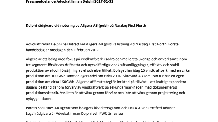 Delphi rådgivare vid notering av Aligera AB (publ) på Nasdaq First North