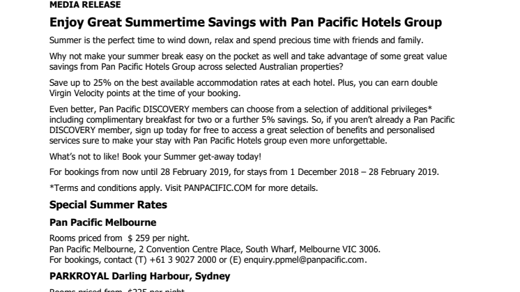 Enjoy Great Summertime Savings with Pan Pacific Hotels Group