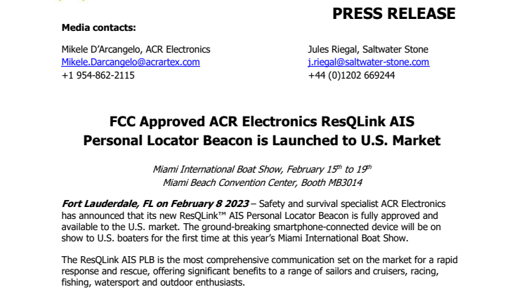 Miami 2023 - FCC Approved ACR Electronics ResQLink AIS PLB is Launched to U.S. Market.pdf
