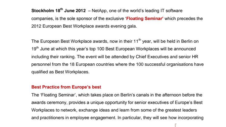 Great Place to Work och NetApp bjuder in till "Floating Seminar" imorgon inför korningen av Europas Bästa Arbetsplatser 2012!