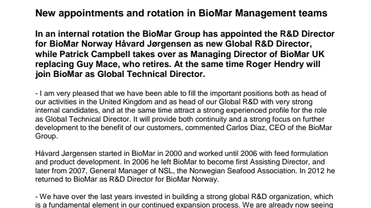 New appointments and rotation in BioMar Management teams