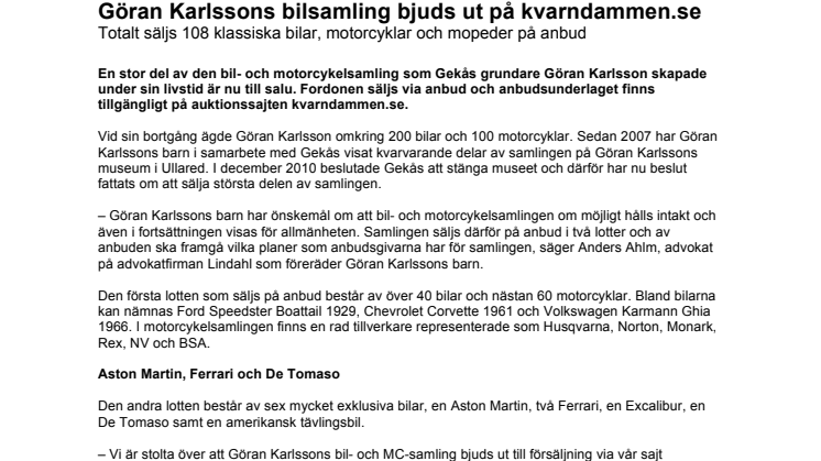 Göran Karlssons bilsamling bjuds ut på kvarndammen.se
