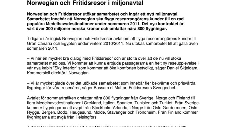 Norwegian och Fritidsresor i miljonavtal
