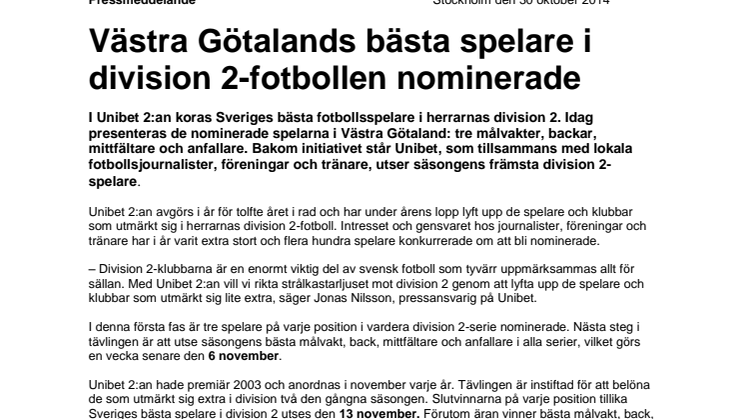 Västra Götalands bästa spelare i division 2-fotbollen nominerade