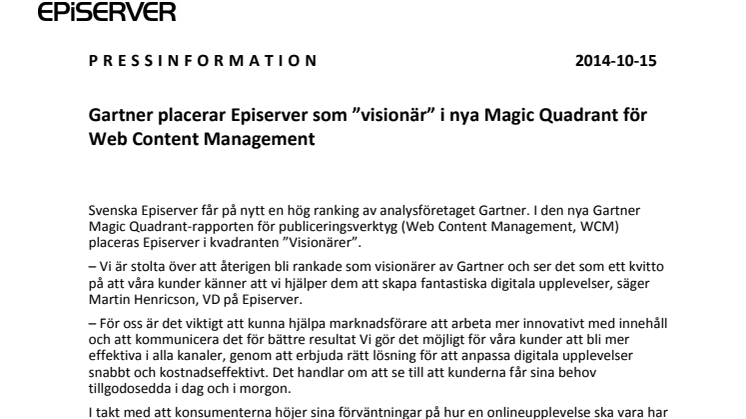 Gartner placerar Episerver som ”visionär” i nya Magic Quadrant för Web Content Management