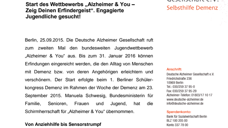 Start des Wettbewerbs „Alzheimer & You – Zeig Deinen Erfindergeist“. Engagierte Jugendliche gesucht!