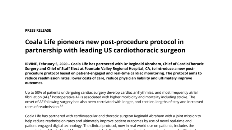 Coala Life pioneers new post-procedure protocol in partnership with leading US cardiothoracic surgeon