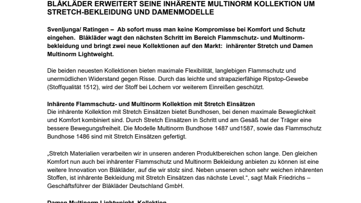 BLÅKLÄDER ERWEITERT SEINE INHÄRENTE MULTINORM KOLLEKTION UM  STRETCH-BEKLEIDUNG UND DAMENMODELLE