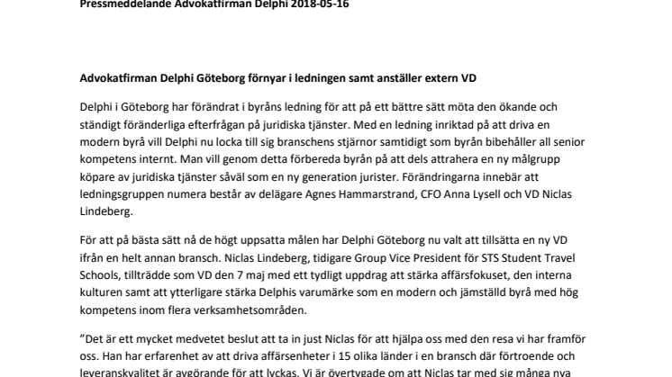 Advokatfirman Delphi Göteborg förnyar i ledningen samt anställer extern VD