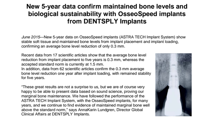New 5-year data confirm maintained bone levels and biological sustainability with OsseoSpeed implants from DENTSPLY Implants