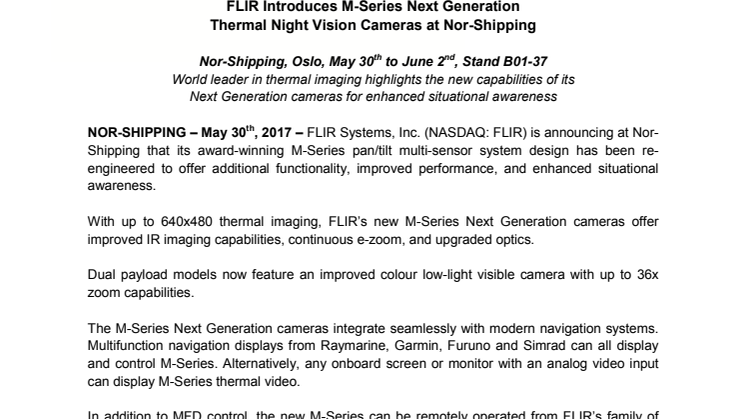 FLIR (Nor-Shipping - 3 of 3 releases): FLIR Introduces M-Series Next Generation Thermal Night Vision Cameras at Nor-Shipping