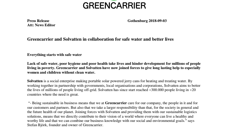 Greencarrier and Solvatten in collaboration for safe water and better lives