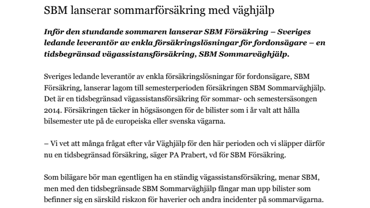 SBM lanserar sommarförsäkring med väghjälp