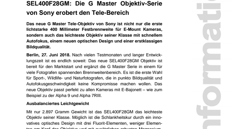 SEL400F28GM: Die G Master Objektiv-Serie von Sony erobert den Tele-Bereich