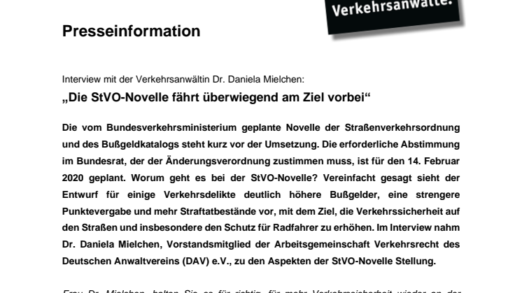 Interview mit der Verkehrsanwältin Dr. Daniela Mielchen:„Die StVO-Novelle fährt überwiegend am Ziel vorbei“