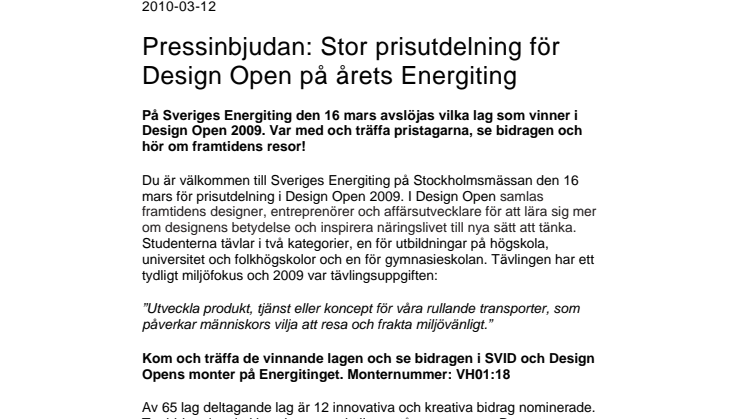 Pressinbjudan: Stor prisutdelning för Design Open på årets Energiting