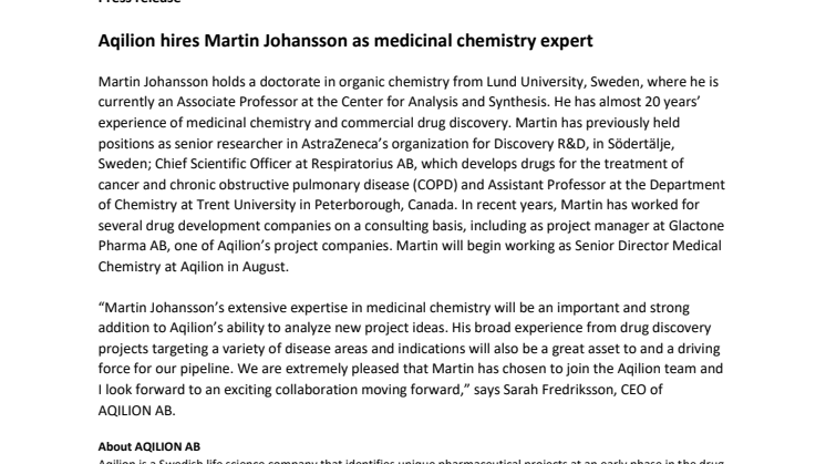 Aqilion hires Martin Johansson as medicinal chemistry expert 