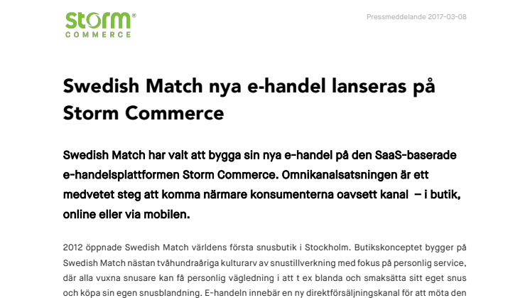 Swedish Match nya e-handel lanseras på Storm Commerce