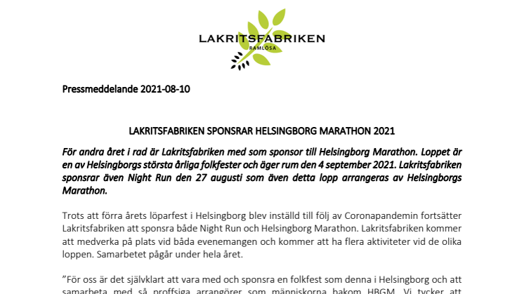 LAKRITSFABRIKEN SPONSRAR HELSINGBORG MARATHON 