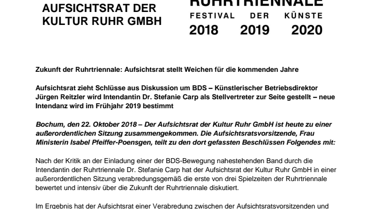 Pressemeldung des Aufsichtsrats der Kultur Ruhr GmbH