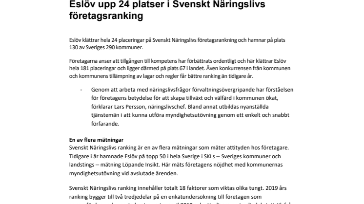 Eslöv upp 24 platser i Svenskt Näringslivs företagsranking