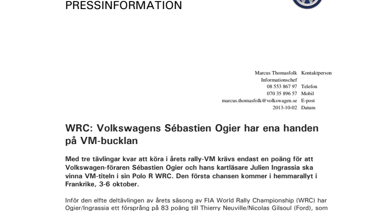WRC: Volkswagens Sébastien Ogier har ena handen på VM-bucklan